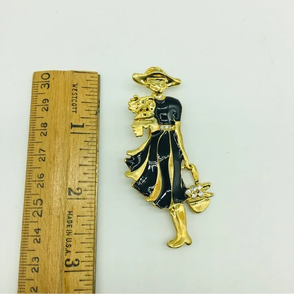 Vintage Gold Tone Fashionista Lady Woman with Dog Rhinestone pin brooch - Picture 4 of 6